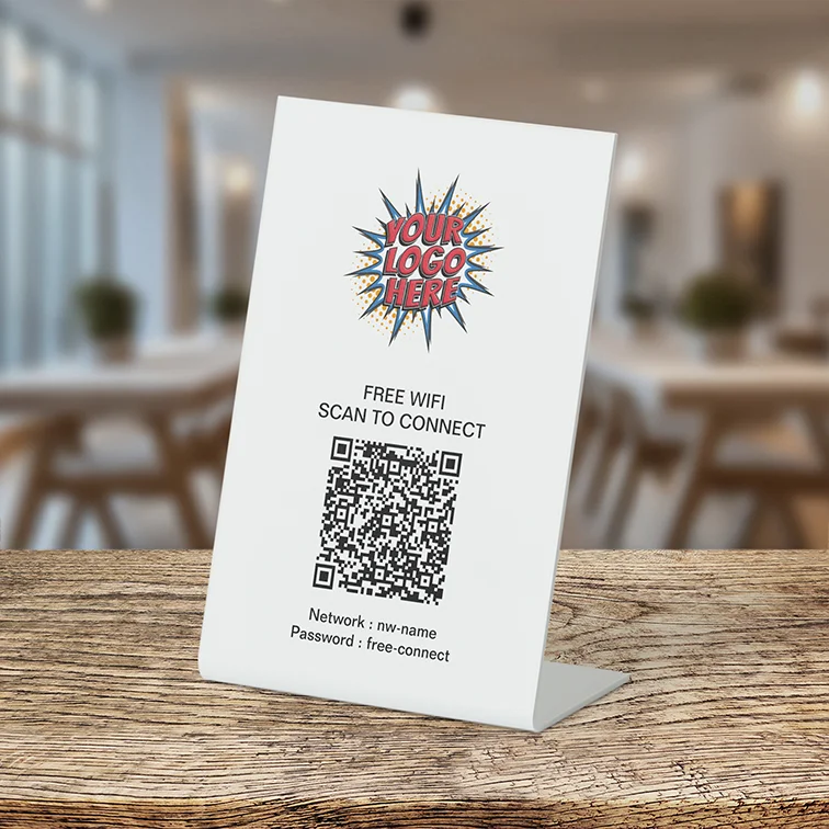 White Pedestal Sign with Logo and WiFi Password QR Code