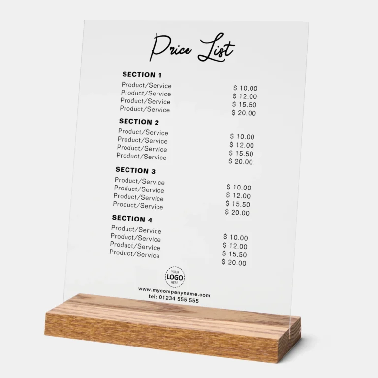 Custom Price, Products, Services Acrylic Sign with Logo Upload