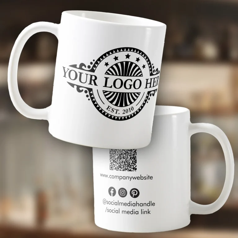 Custom 11 OZ Mug With Logo Upload, QR code and Social Media Information