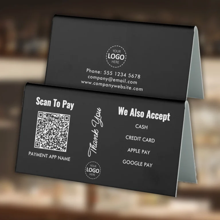 Custom Contactless Payment Sign - Small Table Top Payment App Sign in Black - Logo and Payment Information upload