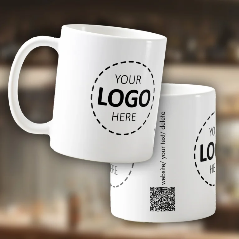 Custom Promotional Mug With Logo Upload, QR code and Website information