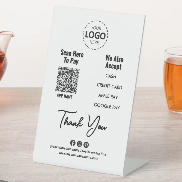 Custom Contactless Payment Table Top Sign - QR code, logo and text upload