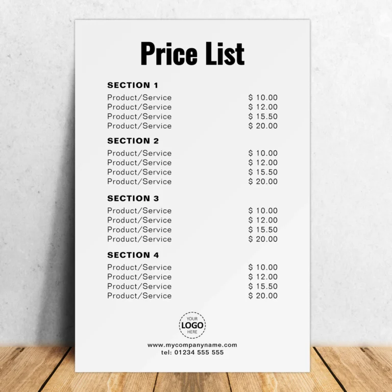 Custom Price List Sign Template - add logo, website and product prices