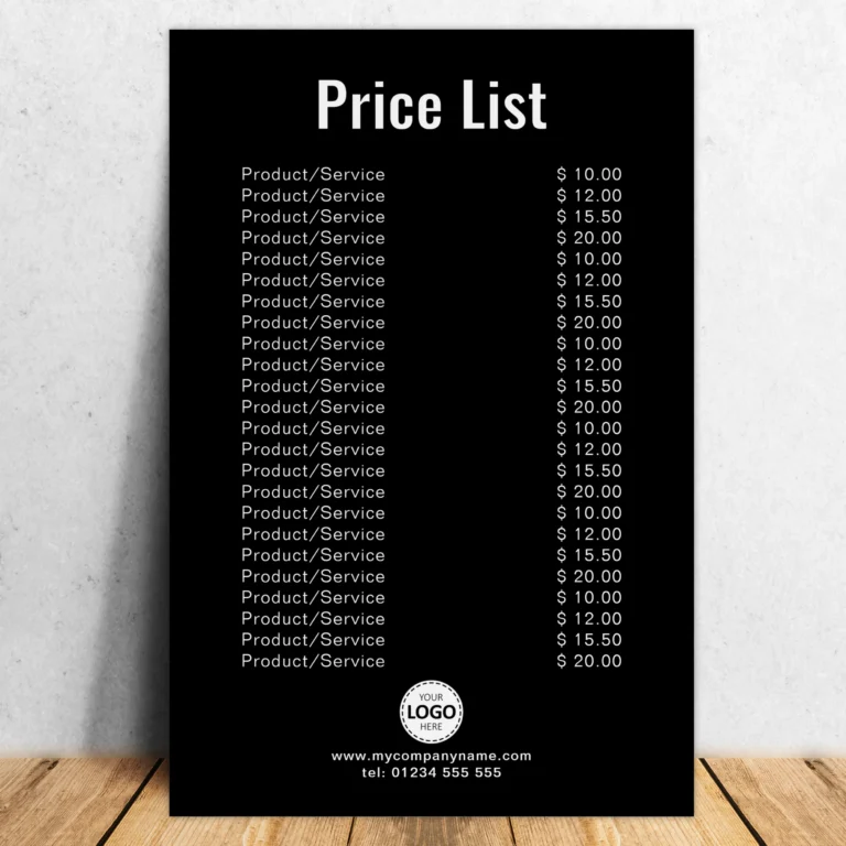 Custom Price List Foam Board Sign in Black - Logo and Comany Information Upload