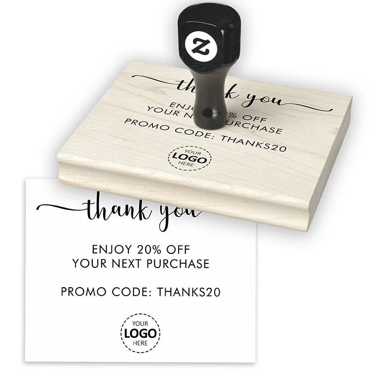 Custom Wooden Rubber Stamp - Discount Offer Text and Logo