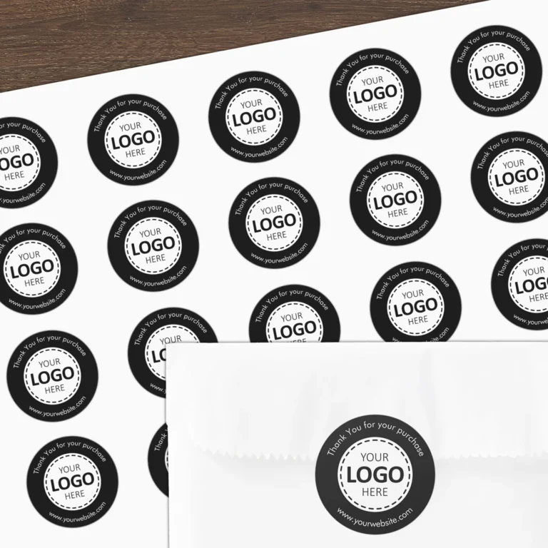 Sheet of 20 round stickers in black - customize with logo, URL and company name