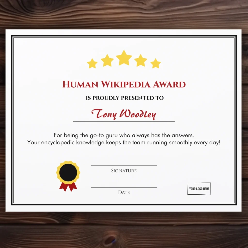 10 Fun Employee Award Ideas 5 Fully Customizable Fun Human Wikipedia Award Certificate