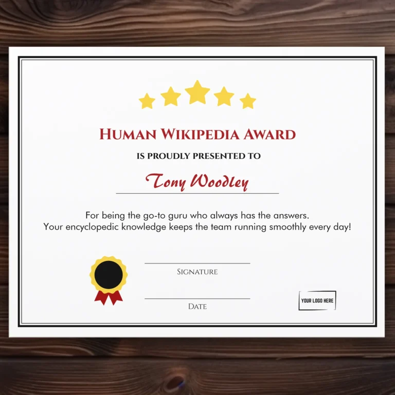 Fully Customizable Fun Human Wikipedia Award Certificate