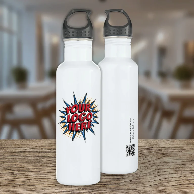 Stainless Steel Water Bottle In White With otion to add Logo, QR code and Company Details