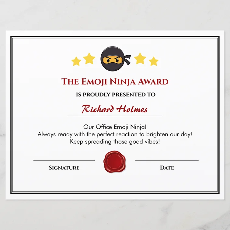 Social Director Award Certificate - Fun employee emoji ninja award